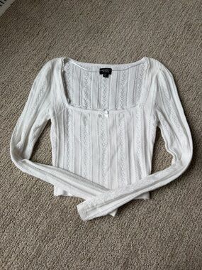 Beverly and Beck Pointelle and lace Women's White Scoop Neck Knit cropped top